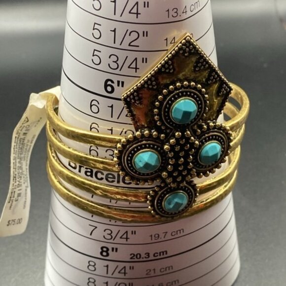 Signed Lucky Brand Bracelet Turquoise Elements Large Cuff Gold Tone NWT Western - Picture 2 of 12